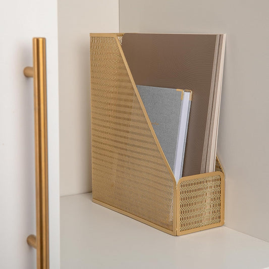 Martha Stewart Ryder Gold Mesh Metal Single Slot Magazine File Holder, Desktop Organizer, 9.75 x 3.75 x 11.5