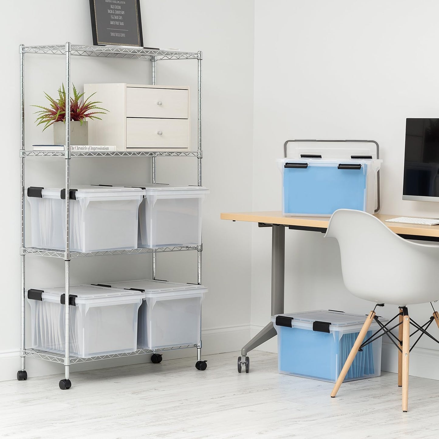 IRIS USA File Box, File Organizer w/Hinged Split Lid for Letter File, Important Document Box, Plastic Storage Filing Bin for Moving, Stackable Nestable Portable, Pearl 44 Qt. 4 Pack