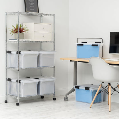 IRIS USA File Box, File Organizer w/Hinged Split Lid for Letter File, Important Document Box, Plastic Storage Filing Bin for Moving, Stackable Nestable Portable, Pearl 44 Qt. 4 Pack