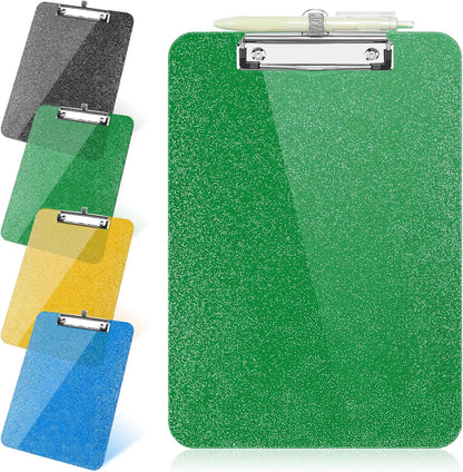 SFLHHDM 1 Pcs Clear Glitter Clipboards, Plastic Clipboard with Pen Holder, Size 8.85 x 12.4 in Shiny Clipboards with Low Profile Clip, Cute Hanging Clipboard for Office School Sparkly Clip Board-Pink