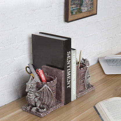 Bookends Dragon, Gothic Black Resin Dragon Guarding Castle Pencil Cup Bookends, Office Desk Book Ends with Decorative Fantasy Dragons and Stone Tower Pen Holders, 1 Pair