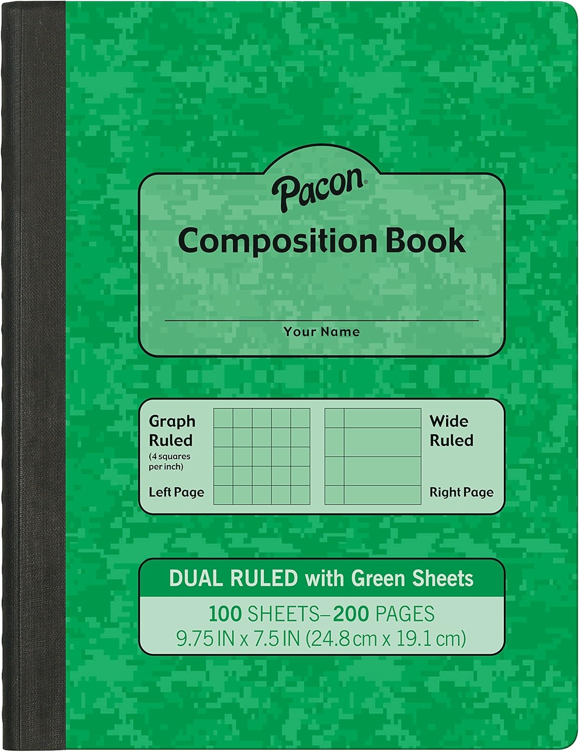 Pacon Dual Ruled Composition Book, Green, 1/4" Grid & 3/8" Wide Ruled 9-3 ⁄4" x 7-1⁄2", 100 Sheets