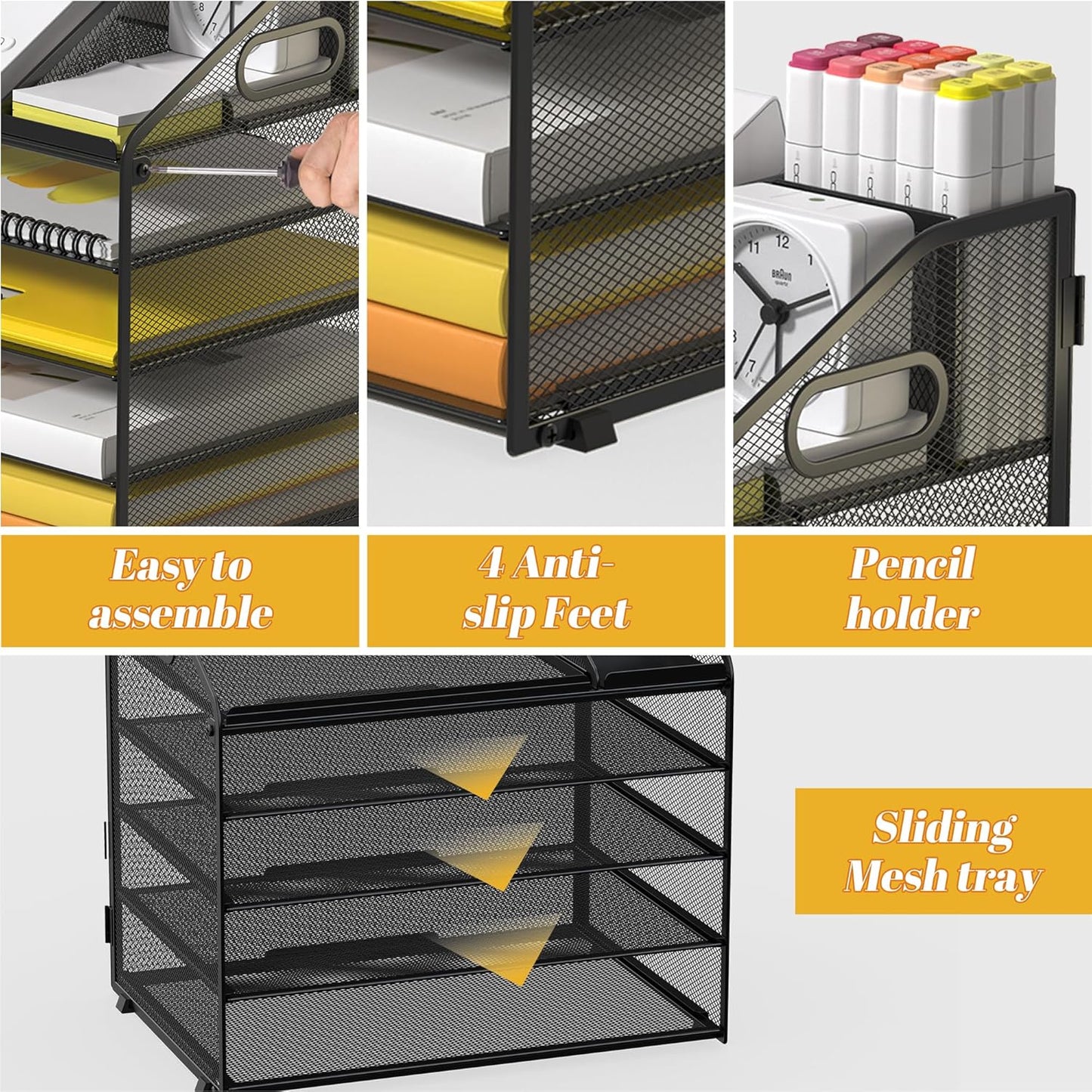 Letter Tray Paper, 4 Tier Desk Organizer with Pen Holder and Handle Mesh File Organizer Paper Sorter Metal Desktop Document Shelf for Office Home Classroom -Black