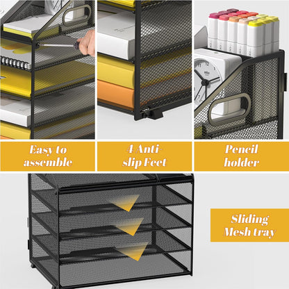 Letter Tray Paper, 4 Tier Desk Organizer with Pen Holder and Handle Mesh File Organizer Paper Sorter Metal Desktop Document Shelf for Office Home Classroom -Black