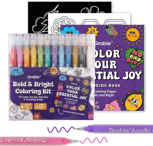 Grabie Coloring Kit, Acrylic Gel Pens Set with Coloring Book, 1.0mm Medium Tip Opaque Gel Pens for Adult Coloring Books, Drawing, Journaling, Planner, Art Supplies Gift Set of 12 Essential Colors