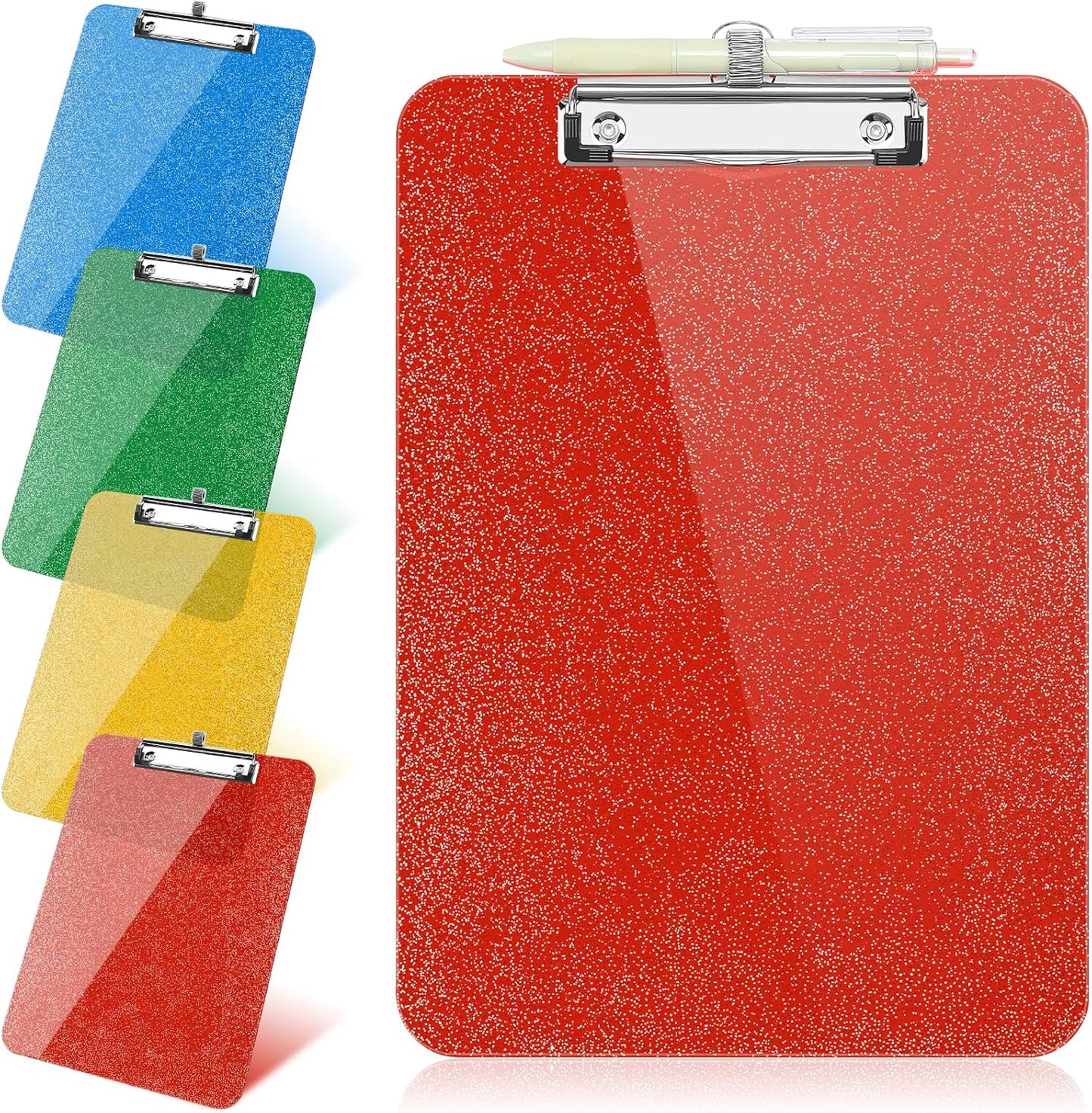 SFLHHDM 1 Pcs Clear Glitter Clipboards, Plastic Clipboard with Pen Holder, Size 8.85 x 12.4 in Shiny Clipboards with Low Profile Clip, Cute Hanging Clipboard for Office School Sparkly Clip Board-Pink