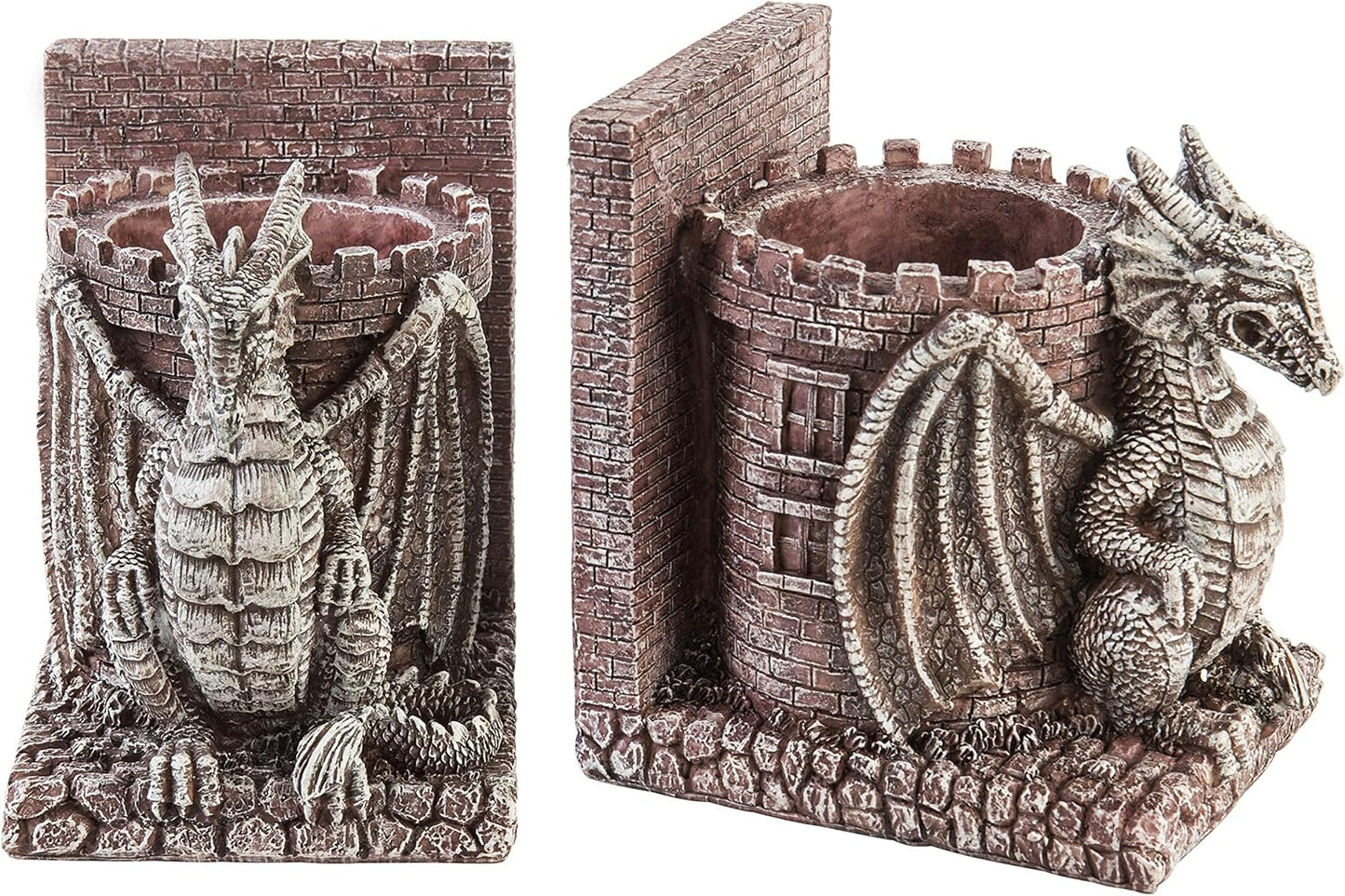Bookends Dragon, Gothic Black Resin Dragon Guarding Castle Pencil Cup Bookends, Office Desk Book Ends with Decorative Fantasy Dragons and Stone Tower Pen Holders, 1 Pair