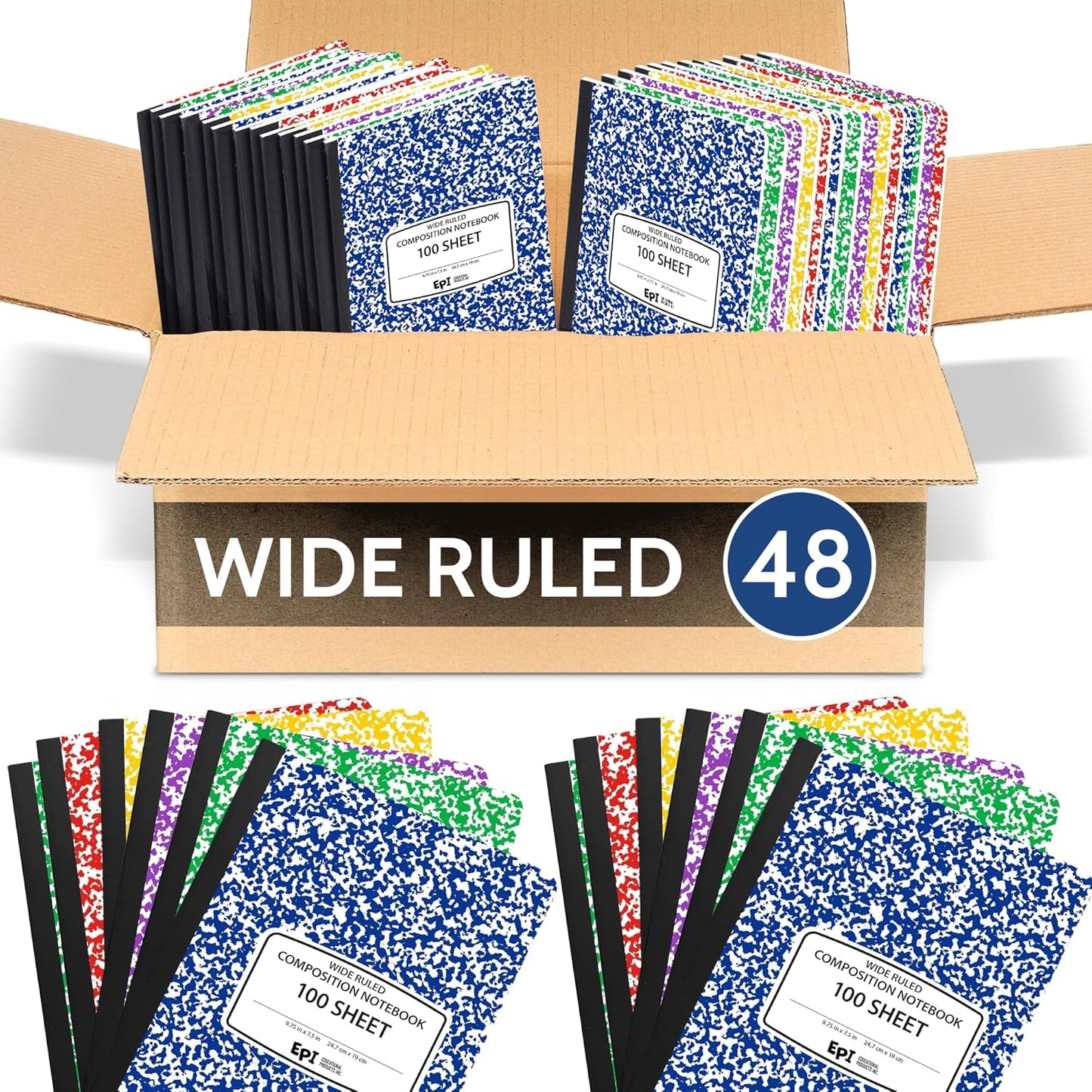 48 Pack - EPI Marble Hardcover Wide Ruled Composition Notebook | 200 Pages (100 Sheets), 9.75 x 7.5 in, Sturdy Sewn Binding | School, Office, Journaling, Notes