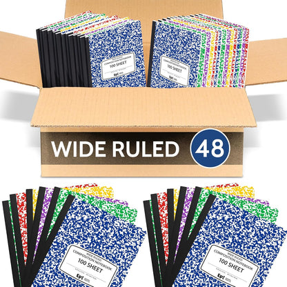 48 Pack - EPI Marble Hardcover Wide Ruled Composition Notebook | 200 Pages (100 Sheets), 9.75 x 7.5 in, Sturdy Sewn Binding | School, Office, Journaling, Notes