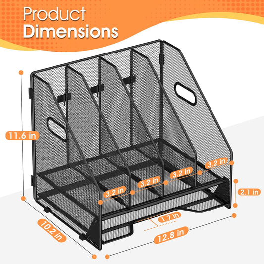 Desk File Folder Holder Organizer-5 Vertical Compartments Racks and Paper Letter Tray,Mesh Magazine File Holder Sorter,Desktop Accessories & Workspace Organizers for Home,Office,School-White