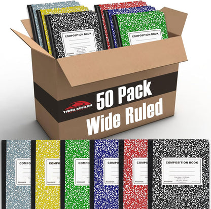 Trail maker Bulk Composition Notebooks Colored (50 Pack), Wide Ruled Marble Cover, 200 Pages (100 Sheets), 9.75 x 7.5, Bulk School Supplies for Classroom, Office & School Donations