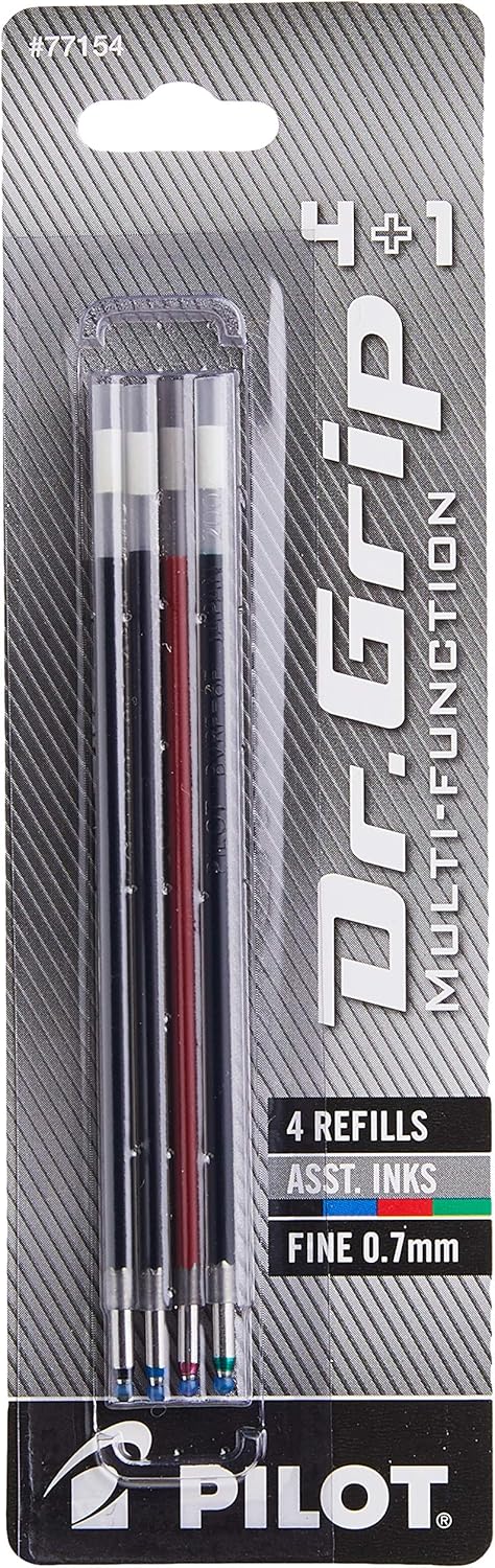 PILOT Dr. Grip 4+1 Multi-Function Ballpoint Ink Refills, Fine Point, Black/Red/Blue/Green Inks, Assorted Colors,4 Count (Pack of 1) (77154)