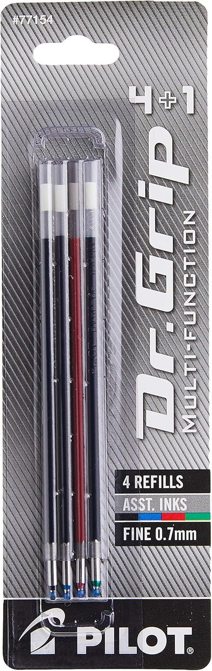 PILOT Dr. Grip 4+1 Multi-Function Ballpoint Ink Refills, Fine Point, Black/Red/Blue/Green Inks, Assorted Colors,4 Count (Pack of 1) (77154)
