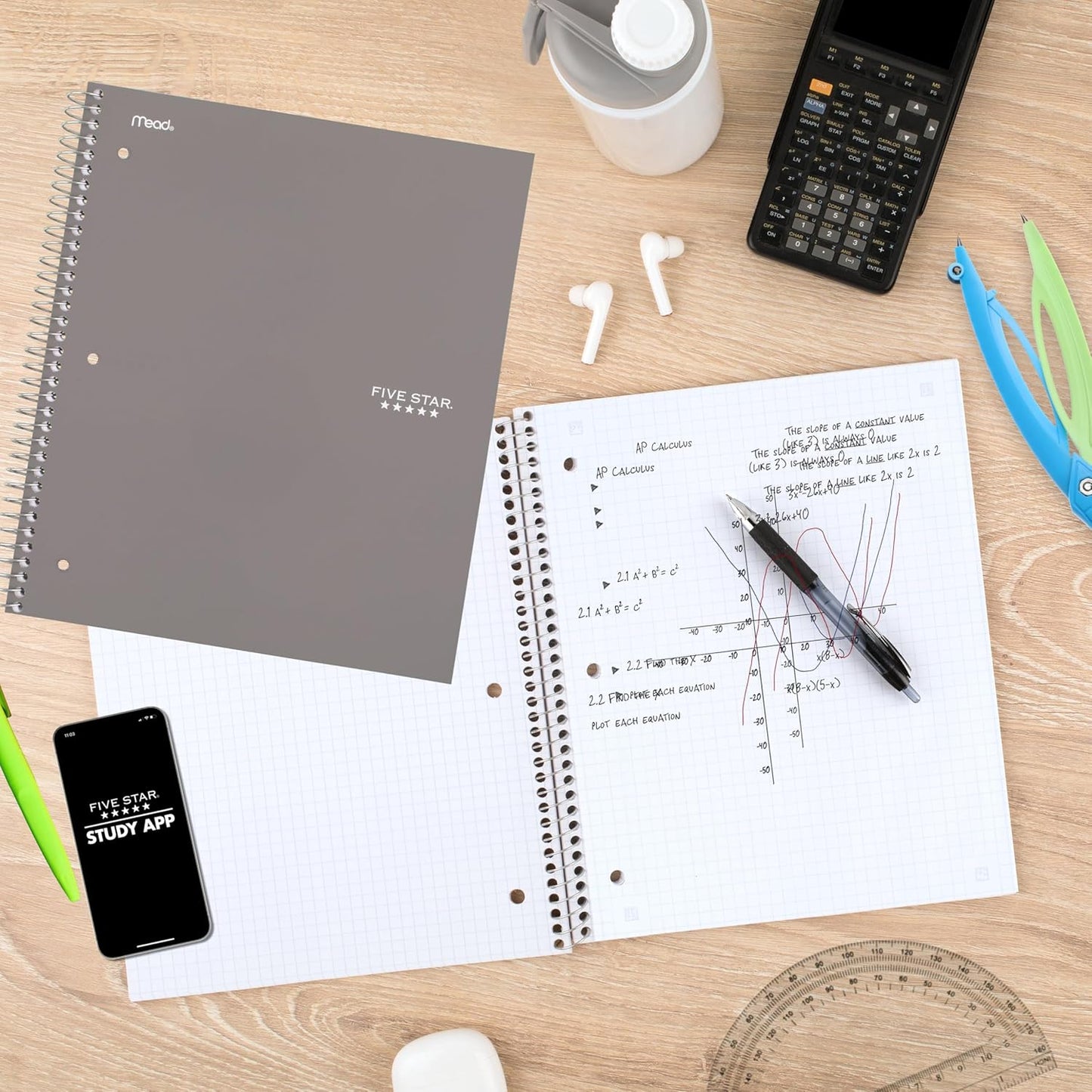 Five Star Spiral Notebook + Study App, 1 Subject, Graph Ruled Paper, 8-1/2" x 11", 100 Sheets, Fights Ink Bleed, Water Resistant Cover, Tidewater Blue (06190AA4)