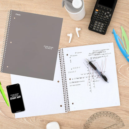 Five Star Spiral Notebook + Study App, 1 Subject, Graph Ruled Paper, 8-1/2" x 11", 100 Sheets, Fights Ink Bleed, Water Resistant Cover, Tidewater Blue (06190AA4)