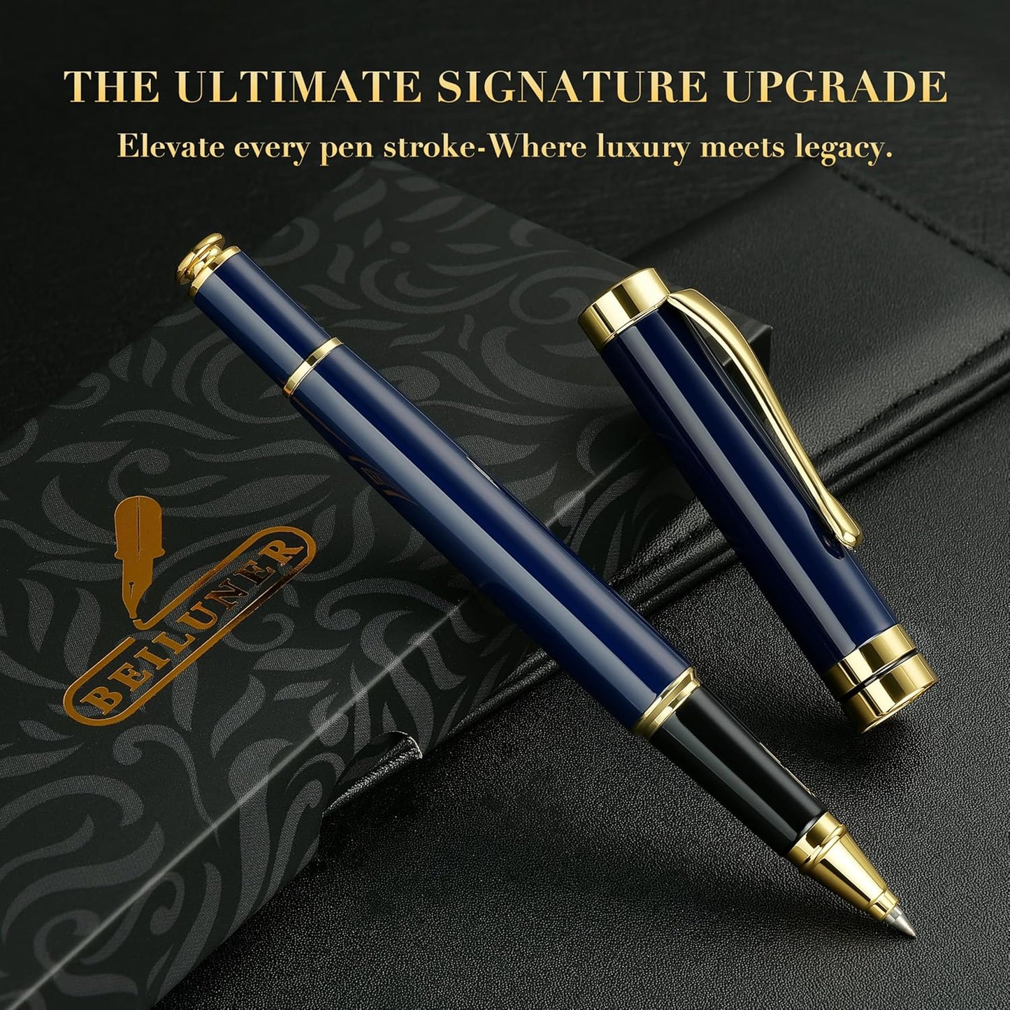 BEILUNER Ballpoint Pens, Stunning Black Chrome Metal Pen with Golden Trim, Best Ball Pen Gift Set for Men & Women, Professional, Executive, Office, Nice Pens-Gift Box with 0.5mm Black Extra Refill