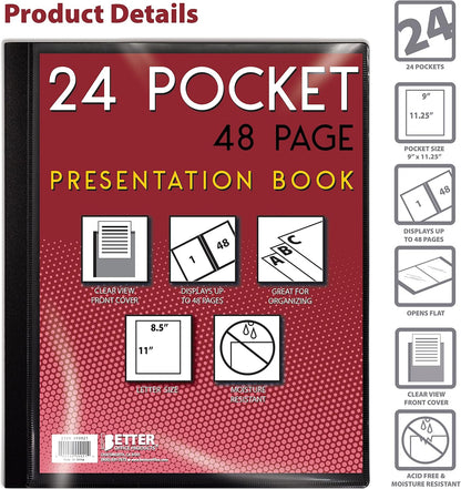 Better Office Products 24 Pocket Bound Presentation Book, Black, Clear View Front Cover, 48 Sheet Protector Pages, 8.5" x 11" Sheets, Art Portfolio, Durable Poly Covers, Letter Size (2 Pack)