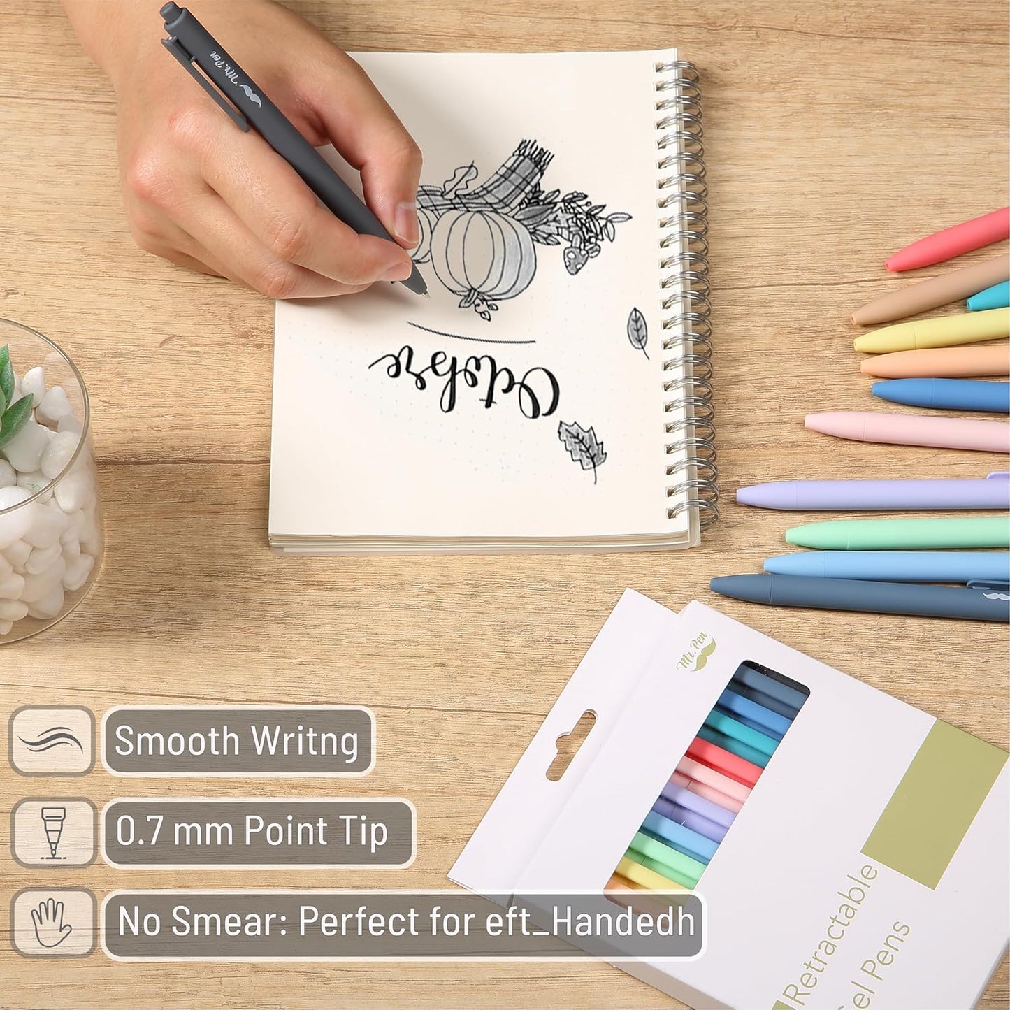 Mr. Pen- Retractable Gel Pens, 12 Pack, Colorful Ink, Fine Point 0.7mm, Fast Dry, Smooth Writing, Cute Pens for Drawing, Writing Planner and School Supplies