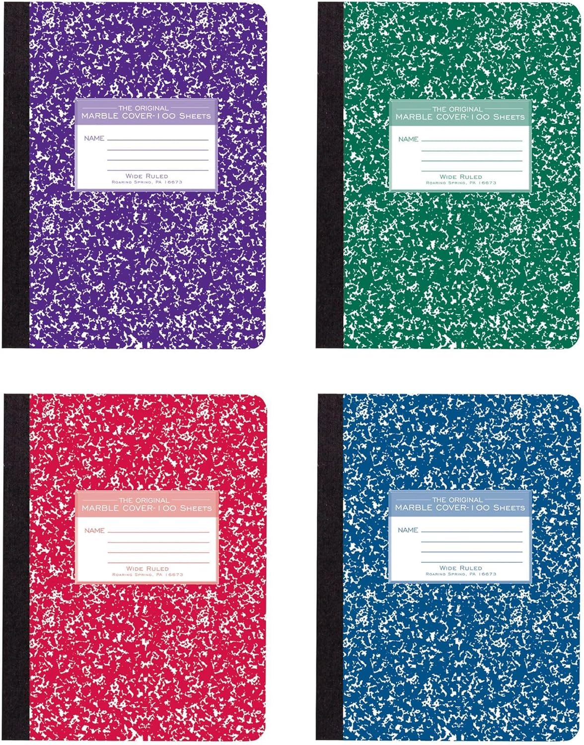 Roaring Spring Hard Cover Composition Notebook, 4 Pack, Assorted Colors Marble Comp Book, 9.75″ x 7.5″, Wide-Ruled with Margin, 100 Sheets (200 Pages)