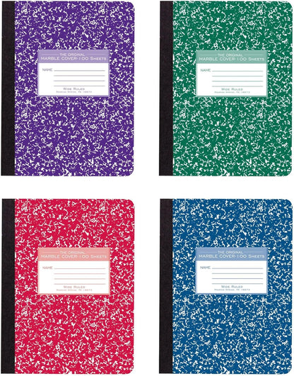 Roaring Spring Hard Cover Composition Notebook, 4 Pack, Assorted Colors Marble Comp Book, 9.75″ x 7.5″, Wide-Ruled with Margin, 100 Sheets (200 Pages)