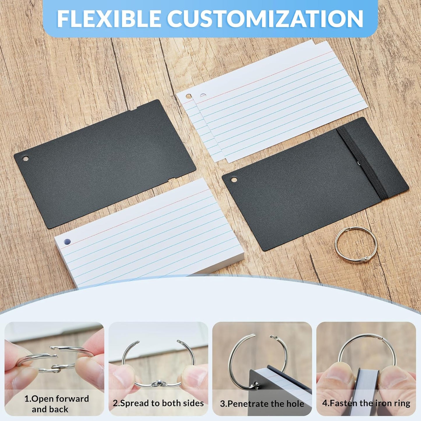 NEEWAY Ruled Index Cards with Ring 3x5 Inches, 200 Count Note Cards Lined, Flash Cards with Rings for Studying, Home and Office (Black)