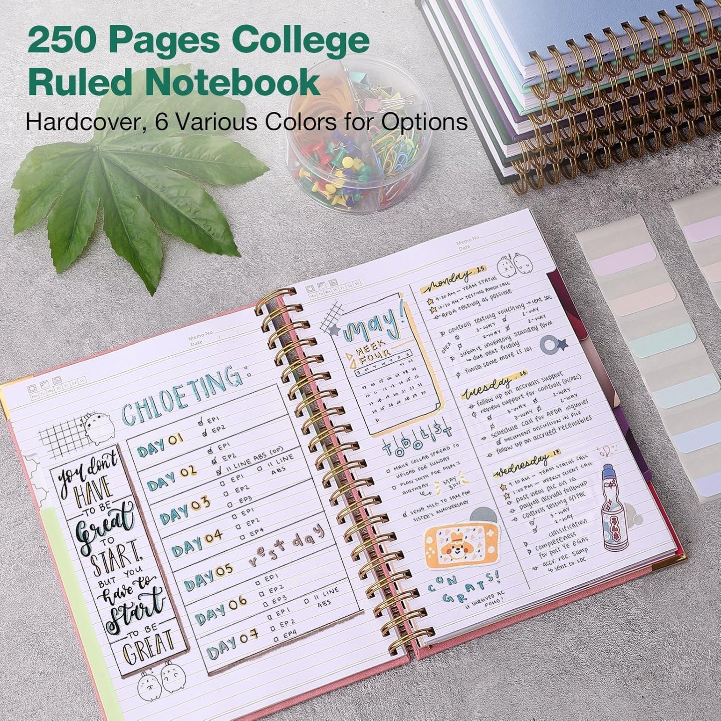 College Ruled Notebook, Spiral Notebook, Leather Hardcover Notebook Journal for Women Men, 5 Subject Notebook with Dividers, Journaling Notebooks for Work School, B5 Lined Notebook, 8" x 10", Teal
