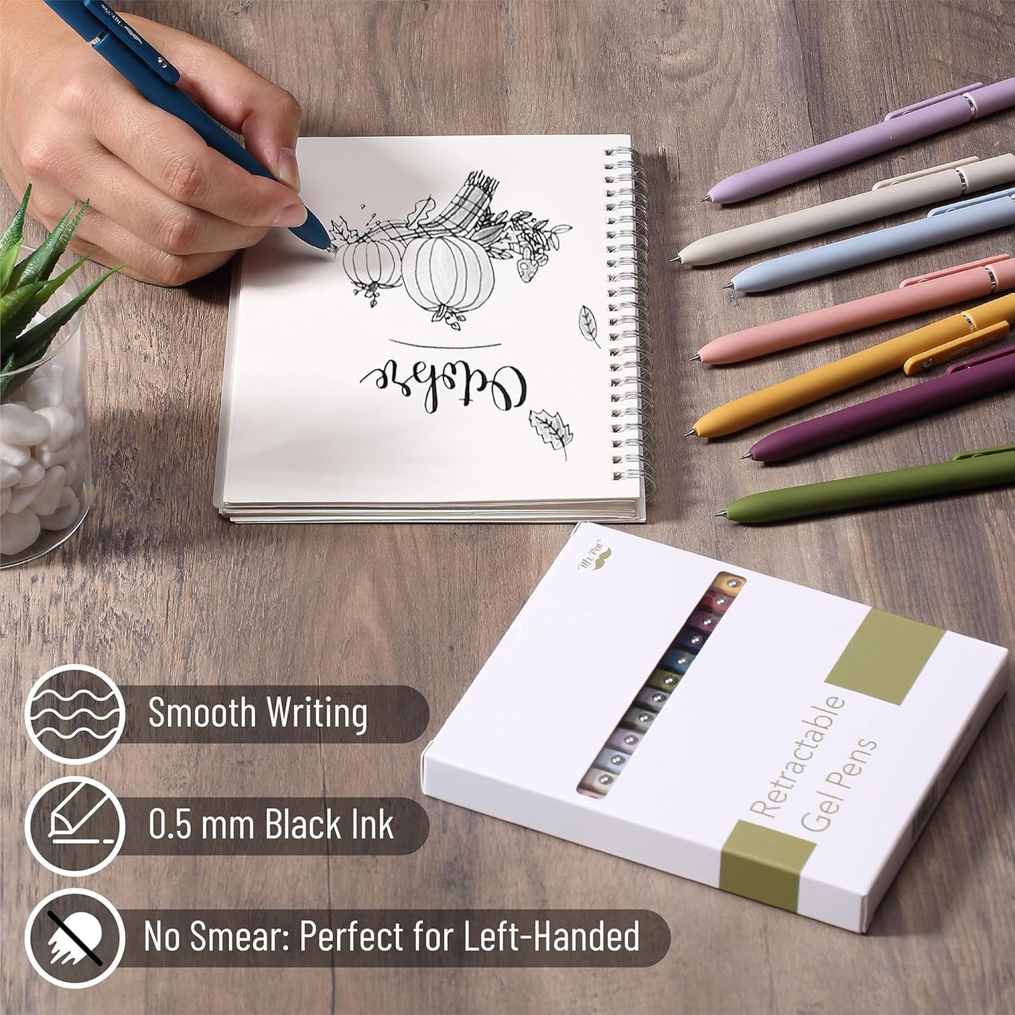 Mr. Pen- Retractable Gel Pens, 12 Pack, Morandi and Vintage Barrels, Fast Dry, Black Gel Pens Fine Point 0.5mm, Aesthetic Pens for Journaling