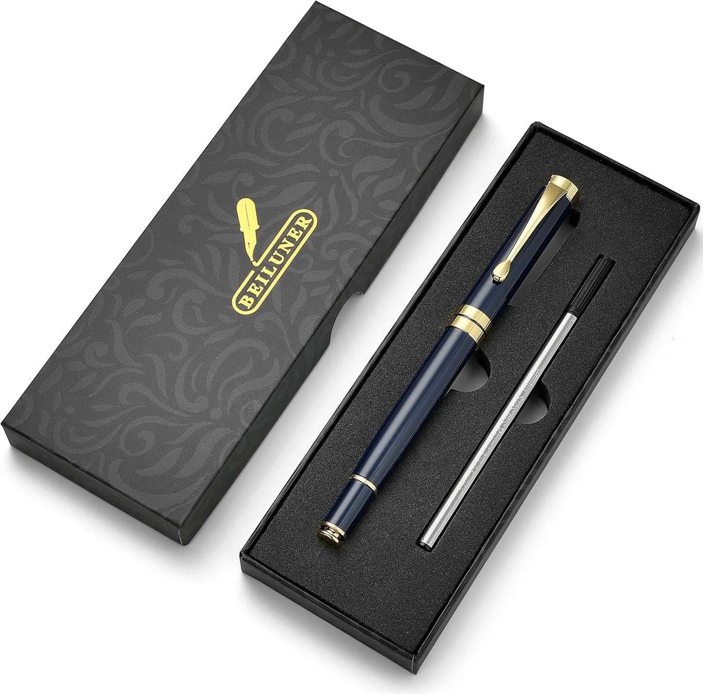 BEILUNER Ballpoint Pens, Stunning Black Chrome Metal Pen with Golden Trim, Best Ball Pen Gift Set for Men & Women, Professional, Executive, Office, Nice Pens-Gift Box with 0.5mm Black Extra Refill