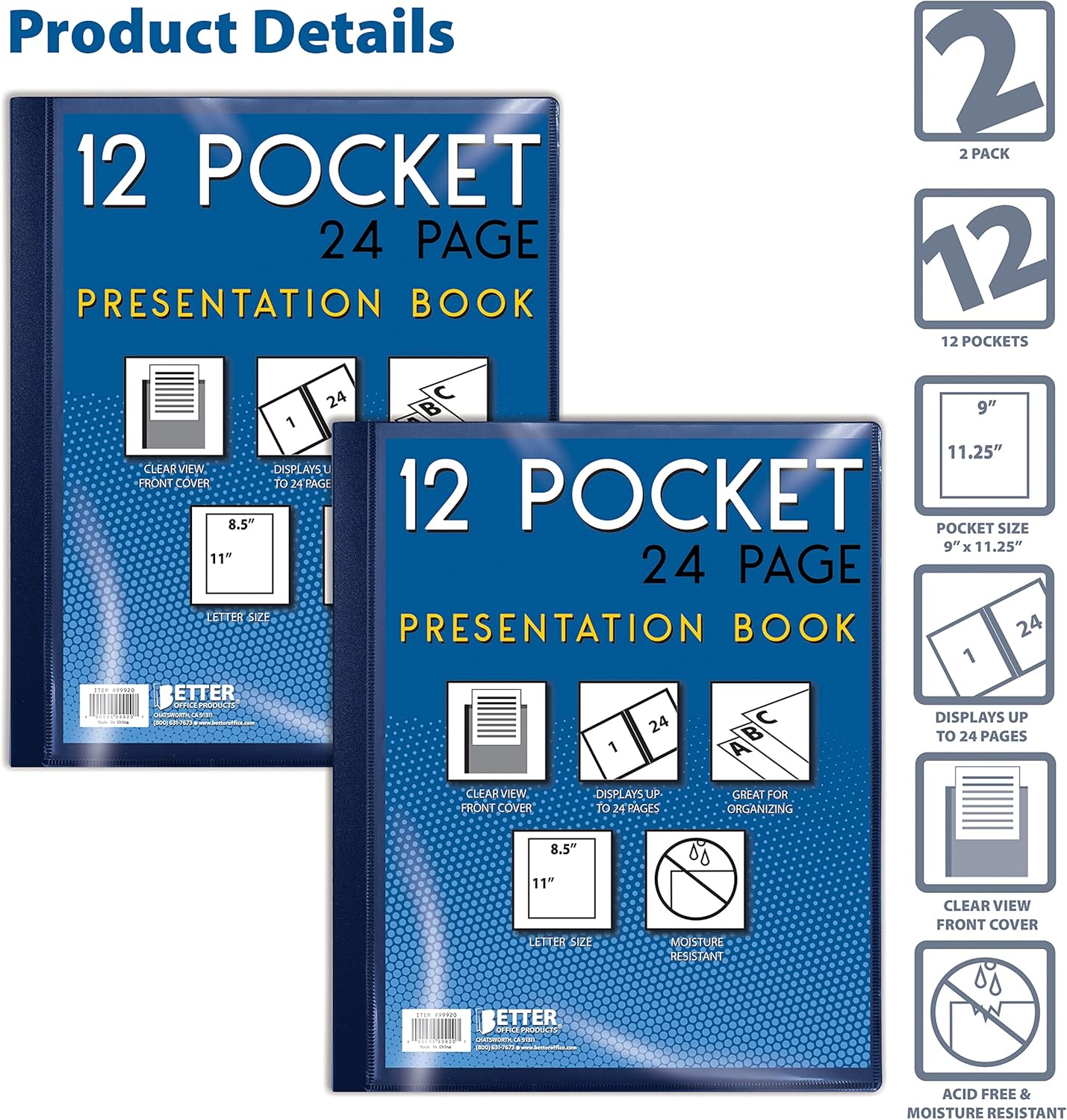Better Office Products 12 Pocket Bound Presentation Book, Blue with Clear View Front Cover, 24 Sheet Protector Pages, 8.5" x 11" Sheets, Art Portfolio, Durable Poly Covers, Letter Size, Blue