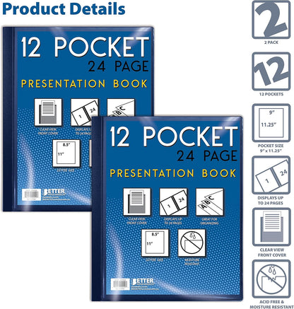 Better Office Products 12 Pocket Bound Presentation Book, Blue with Clear View Front Cover, 24 Sheet Protector Pages, 8.5" x 11" Sheets, Art Portfolio, Durable Poly Covers, Letter Size, Blue