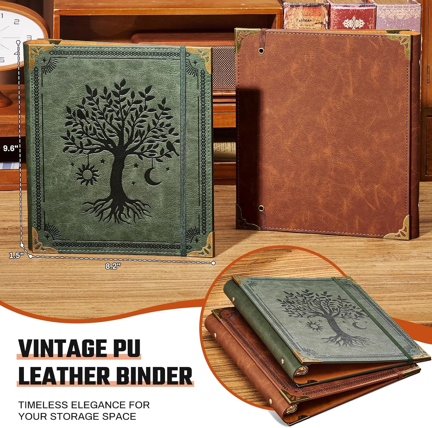 Ovesmusl Leather 3 Ring Binder Fits 8.5"x11" Letter Size Paper, 1 Inch Round Ring Binder Holds 200 Sheets, Notebook Cover Loose Leaf Organizer, Green Tree