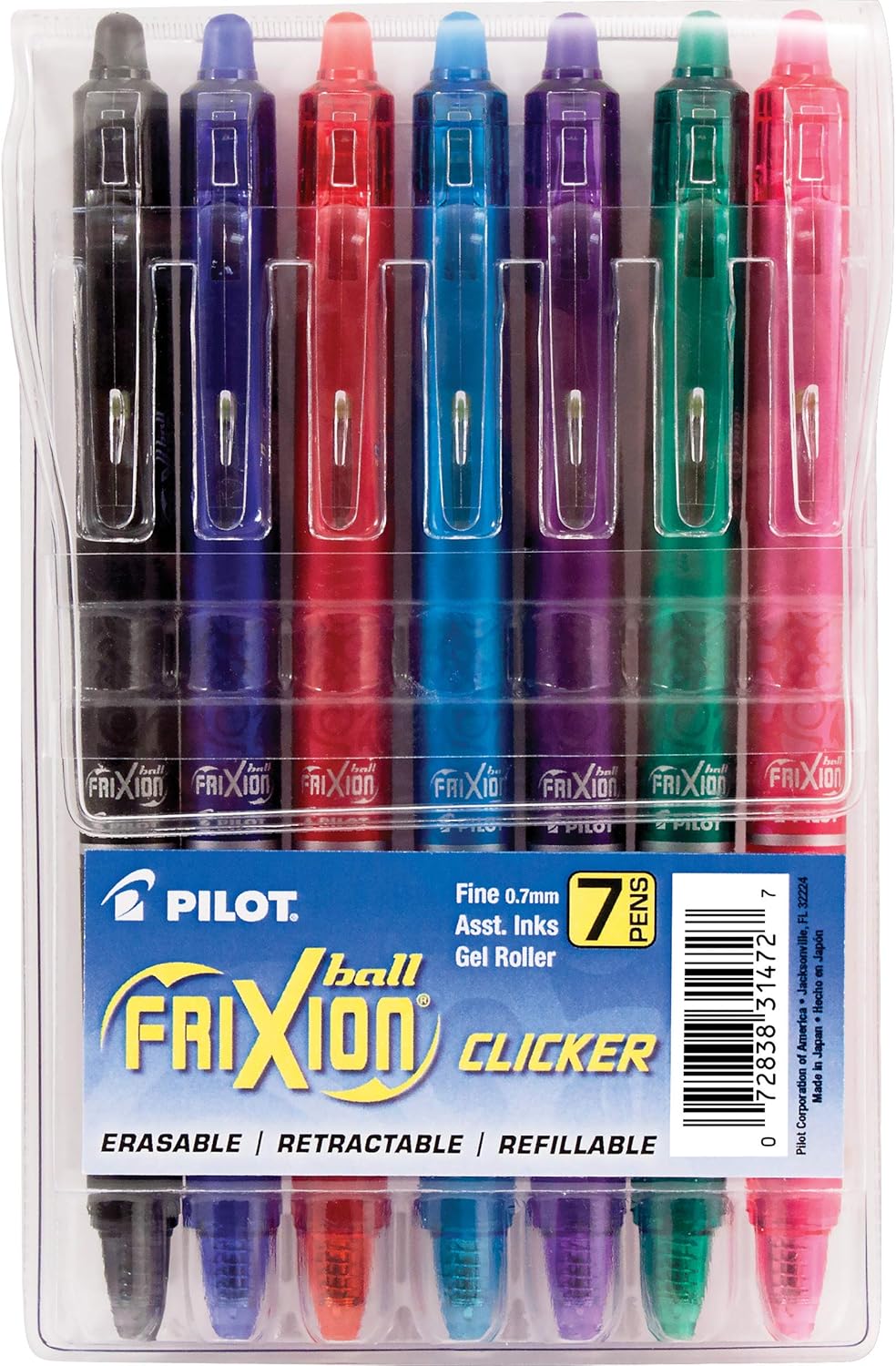 PILOT FriXion Clicker Erasable, Refillable & Retractable Gel Ink Pens, Extra Fine Point, Assorted Color Inks, 7-Pack Pouch (31472)