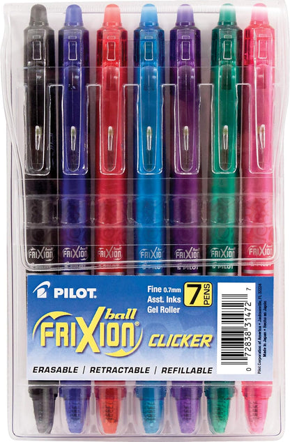 PILOT FriXion Clicker Erasable, Refillable & Retractable Gel Ink Pens, Extra Fine Point, Assorted Color Inks, 7-Pack Pouch (31472)
