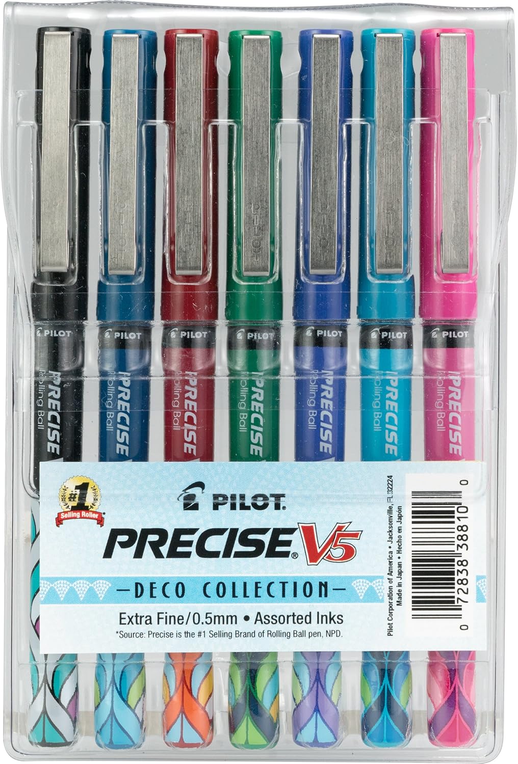 PILOT Precise V5 Stick Deco Collection Liquid Ink Rolling Ball Stick Pens, Extra Fine Point (0.5mm) Assorted Ink Colors, 9-Pack (38811)