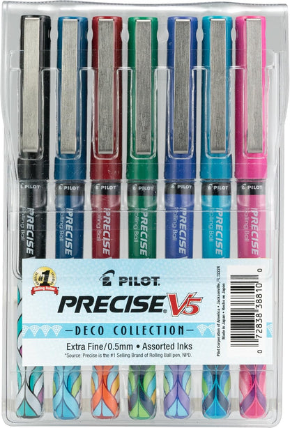 PILOT Precise V5 Stick Deco Collection Liquid Ink Rolling Ball Stick Pens, Extra Fine Point (0.5mm) Assorted Ink Colors, 9-Pack (38811)