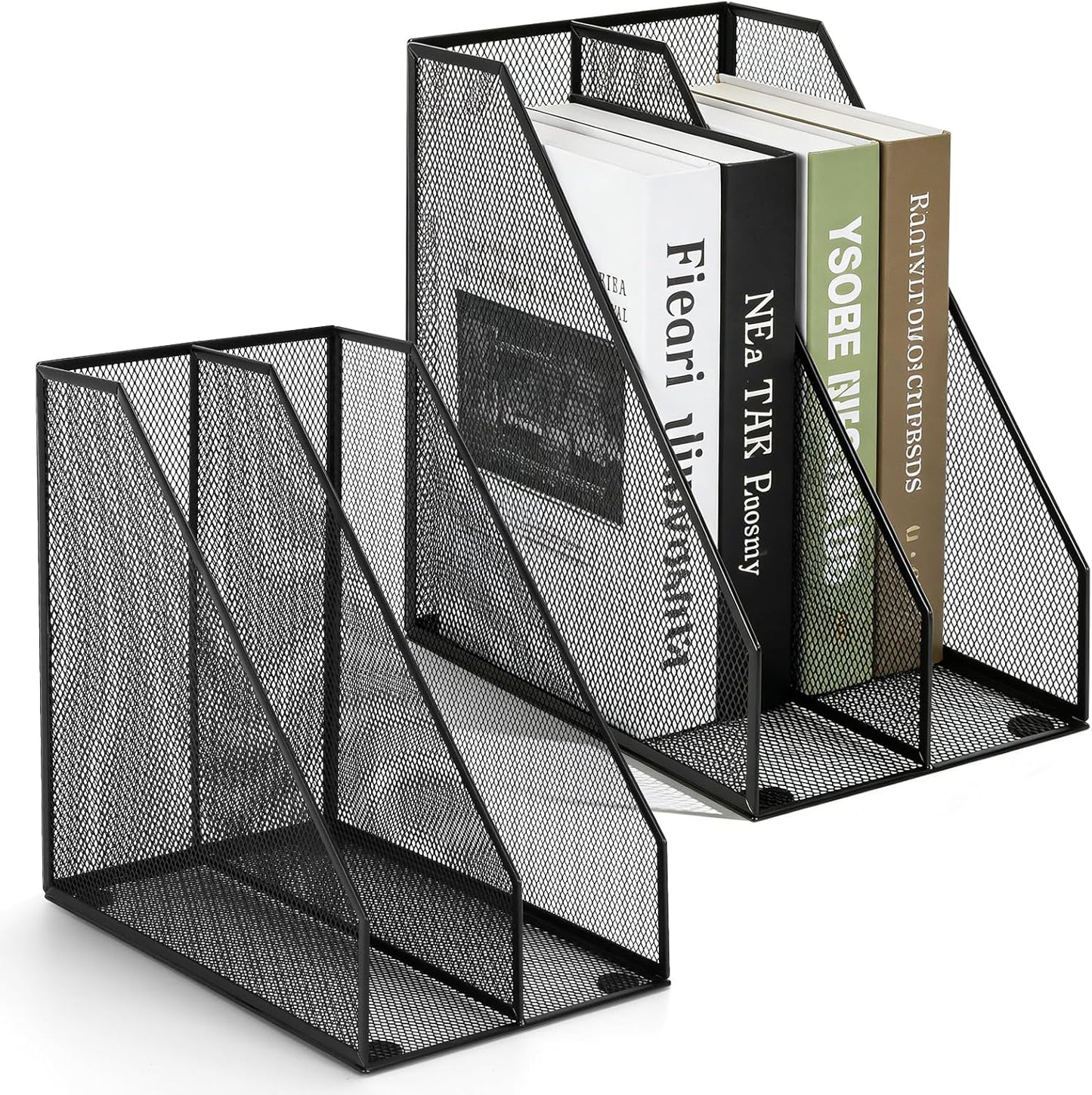 Carperipher Metal Mesh Magazine File Holder, 2 Pcs Desk Document Organizer, 2 Compartments Desk Organizers, Mesh Desktop Organizer and Storage, Black