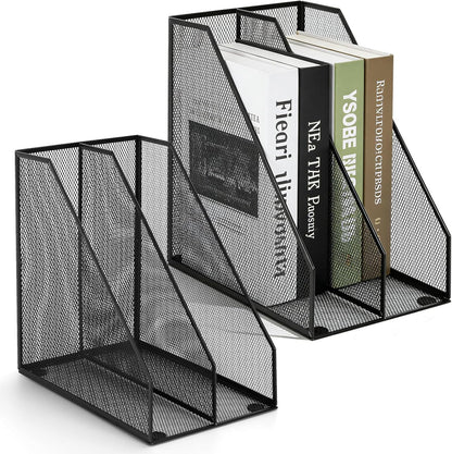 Carperipher Metal Mesh Magazine File Holder, 2 Pcs Desk Document Organizer, 2 Compartments Desk Organizers, Mesh Desktop Organizer and Storage, Black