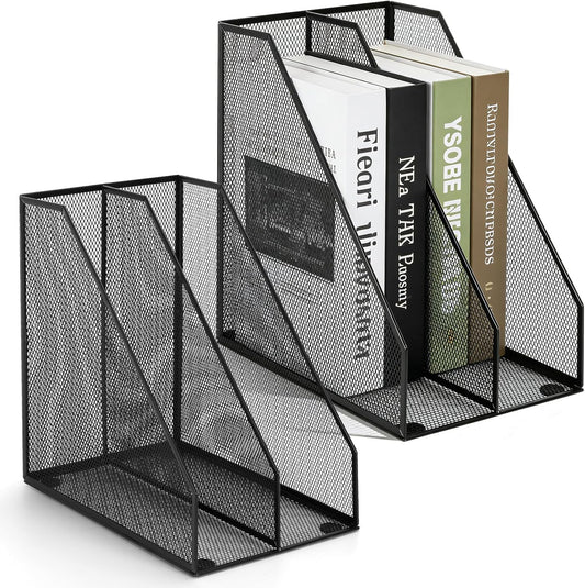 Carperipher Metal Mesh Magazine File Holder, 2 Pcs Desk Document Organizer, 2 Compartments Desk Organizers, Mesh Desktop Organizer and Storage, Black