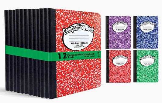 Better Office Products Composition Book Notebook - Hardcover, Wide Ruled (11/32-inch), 100 Sheet, One Subject, 9.75" x 7.5", Assorted Covers: Red, Blue, Green, Purple-12 Pack