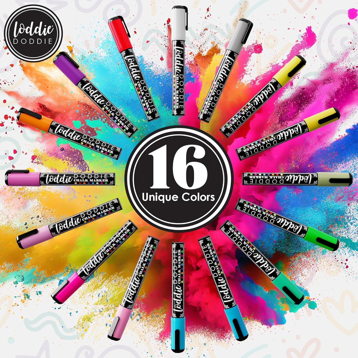 Loddie Doddie Chalk Markers - Pack of 24, 6mm Reversible Tips - Liquid Chalk Pens for Glass Surfaces & Windows - Erasable Pens for Chalkboard Calendar - Non-Toxic Chalkboard Markers