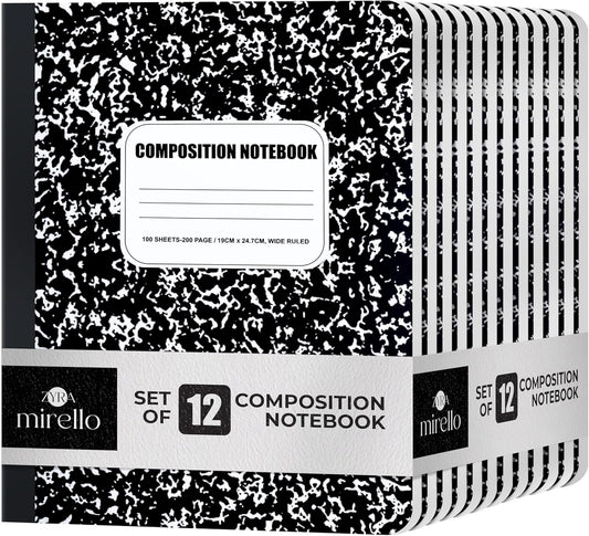 Composition Notebook 12 Pack -Wide Ruled Paper,7.5" x 9.75", 100 Sheets (200 Pages) Each,Hard Cover Marble Notebooks for School, Office, or Home, Assorted Colors, Durable Comp Book Set_Capri Blue