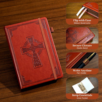 CAGIE Leather Lined Journal Notebook for Men & Women, Debossed Cross, 320 Pages 100 GSM Thick Paper, A5 Hardcover Journaling Notebooks for Writing, 5.7'' X 8.3'' Diary, Brown