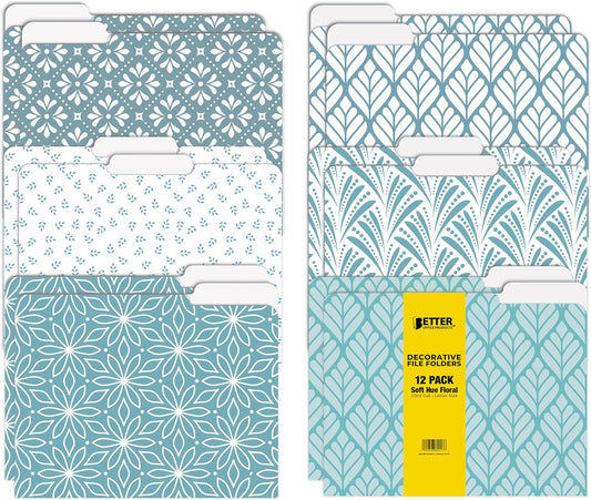 Better Office Products Decorative File Folders, 12 Pack, 6 Unique Designs, Heavyweight, Letter Size (9.5 x 11.5) with 1/3 Cut Tab, Soft Hue Floral Designs, Fashion Folders