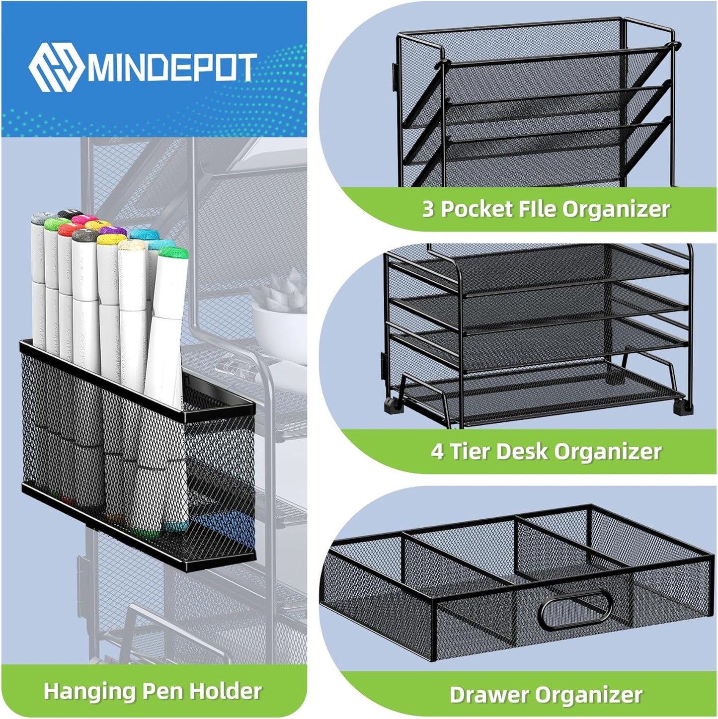MINDEPOT 4-Tier Paper Organizer + 3-Pocket File Holder + Drawer + Pen Holders, Desktop File Organizers Paper Tray for Office Supplies School Classroom Organization (Black, No Drawer & Pen Holder)