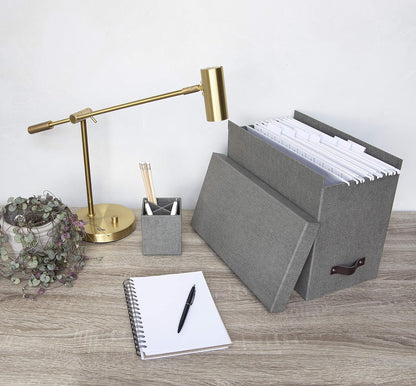Bigso John Desktop File Box - Storage Solution and Document Organizer for Important Paperwork - Durable Hanging File Box with a Lid and Leather Handle - 7.36 in x 13.26 in x 10.51 in - Grey