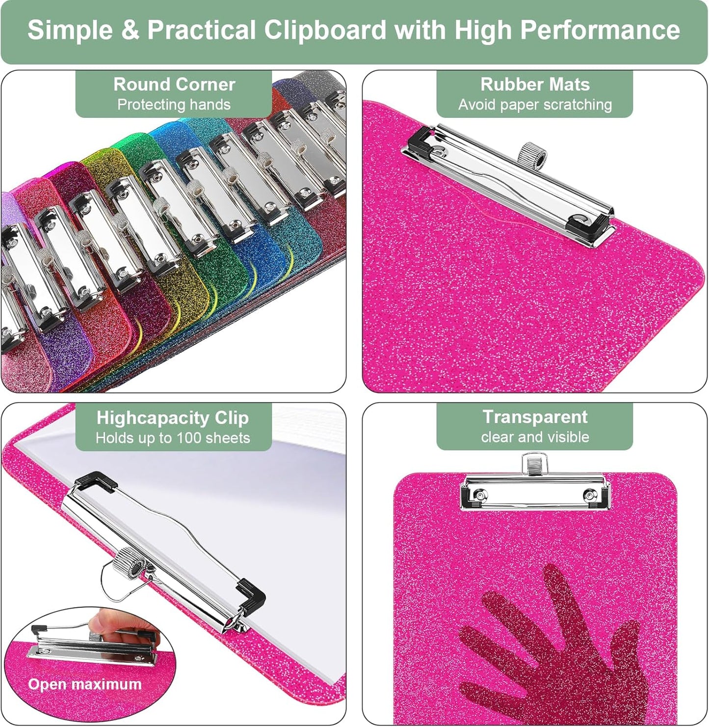 SFLHHDM 1 Pcs Clear Glitter Clipboards, Plastic Clipboard with Pen Holder, Size 8.85 x 12.4 in Shiny Clipboards with Low Profile Clip, Cute Hanging Clipboard for Office School Sparkly Clip Board-Pink