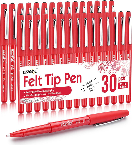 Ezzgol Red Felt Tip Pens, 30 Pack, 0.7mm Premium Medium Fine Point, Felt Tip Markers For Writing, Journal, Planner Coloring, Note Taking, Drawing, Art, School