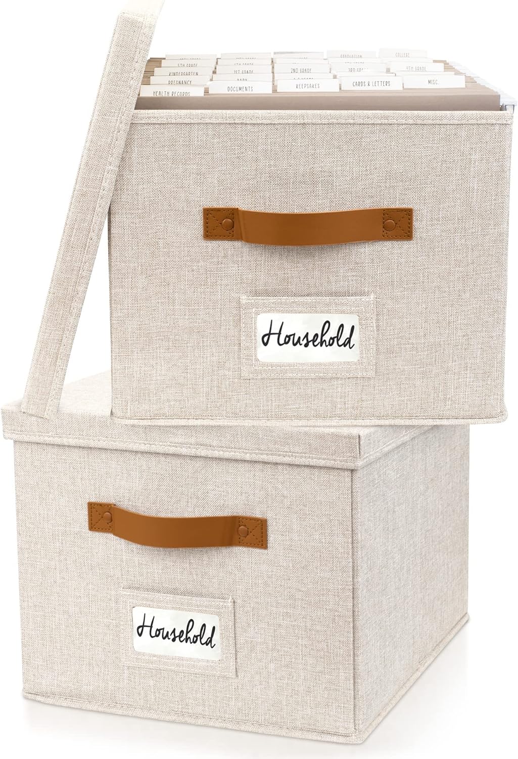ZICOTO Decorative File Organizer Box Set of 2 - Collapsible Linen Filing Cabinets with Handles Are Perfect to Store All Your Documents & Hanging File Folders - Portable Easy Slide Crates with Lid