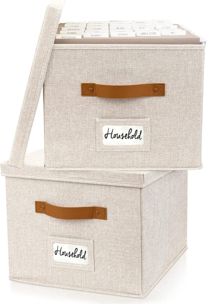 ZICOTO Decorative File Organizer Box Set of 2 - Collapsible Linen Filing Cabinets with Handles Are Perfect to Store All Your Documents & Hanging File Folders - Portable Easy Slide Crates with Lid