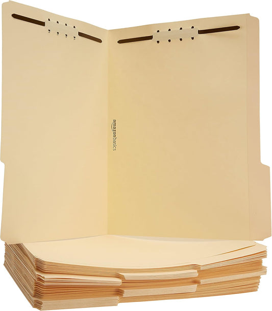 Amazon Basics Manila File Folders with Fasteners, 1/3 Cut Reinforced Tab, Letter Size, Expandable, Document Organizer, Beige, 50-Pack